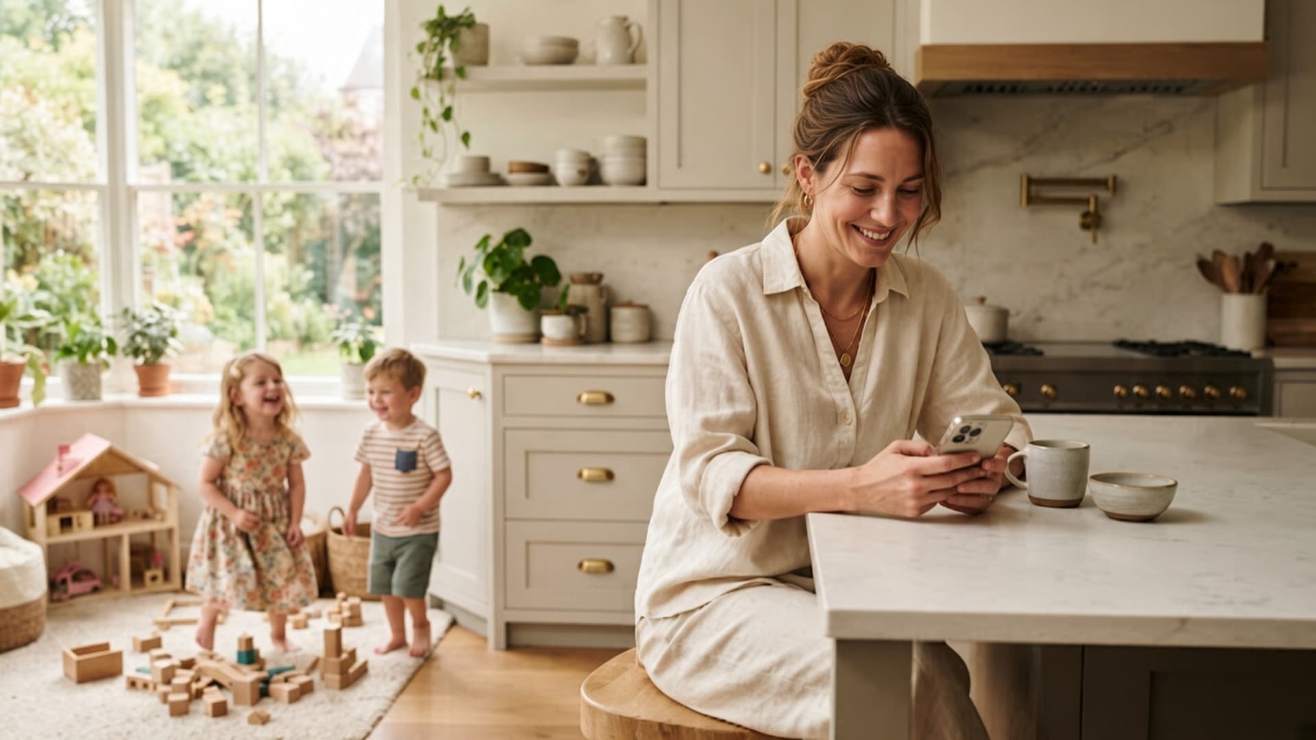 A parent planning the morning at a sunlit kitchen island while children play nearby