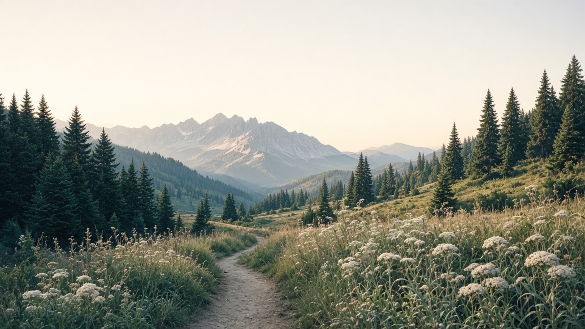 A sunlit path through wildflower meadows toward distant hills at morning