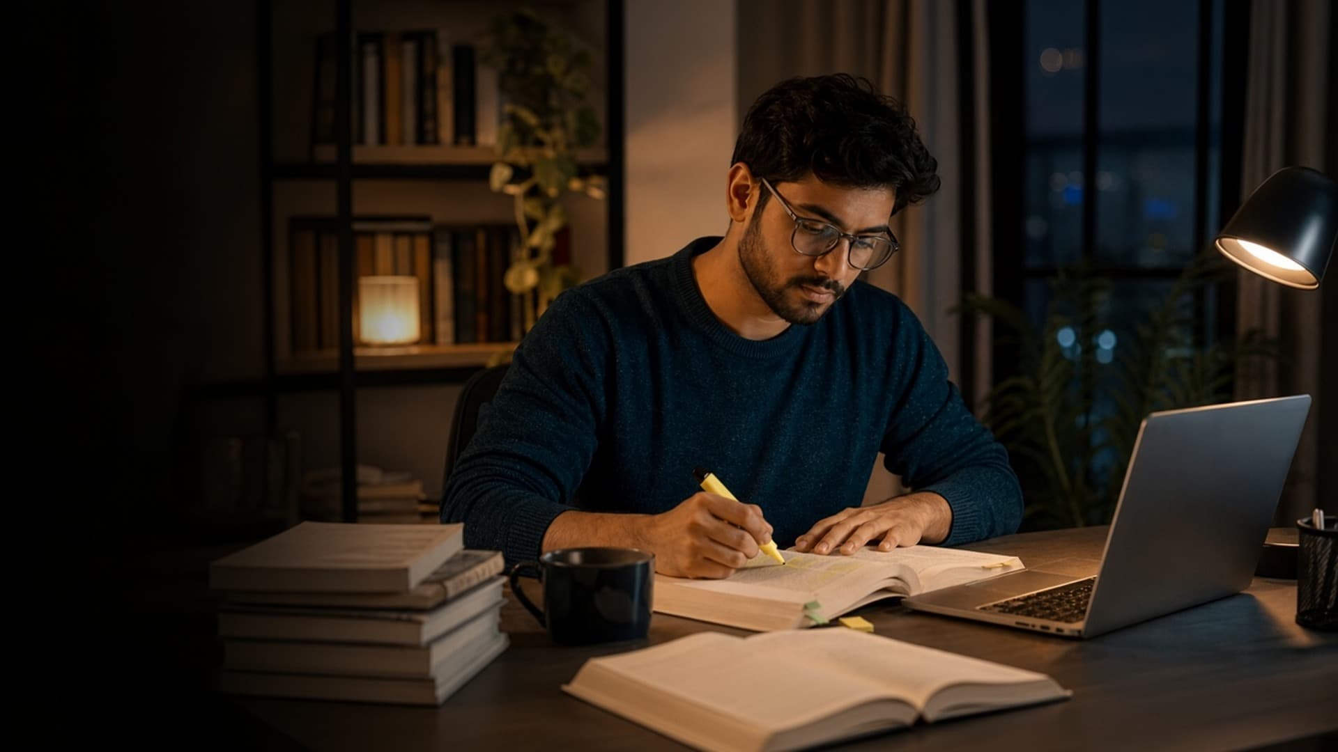 A CPA candidate studying for a major exam at a quiet desk