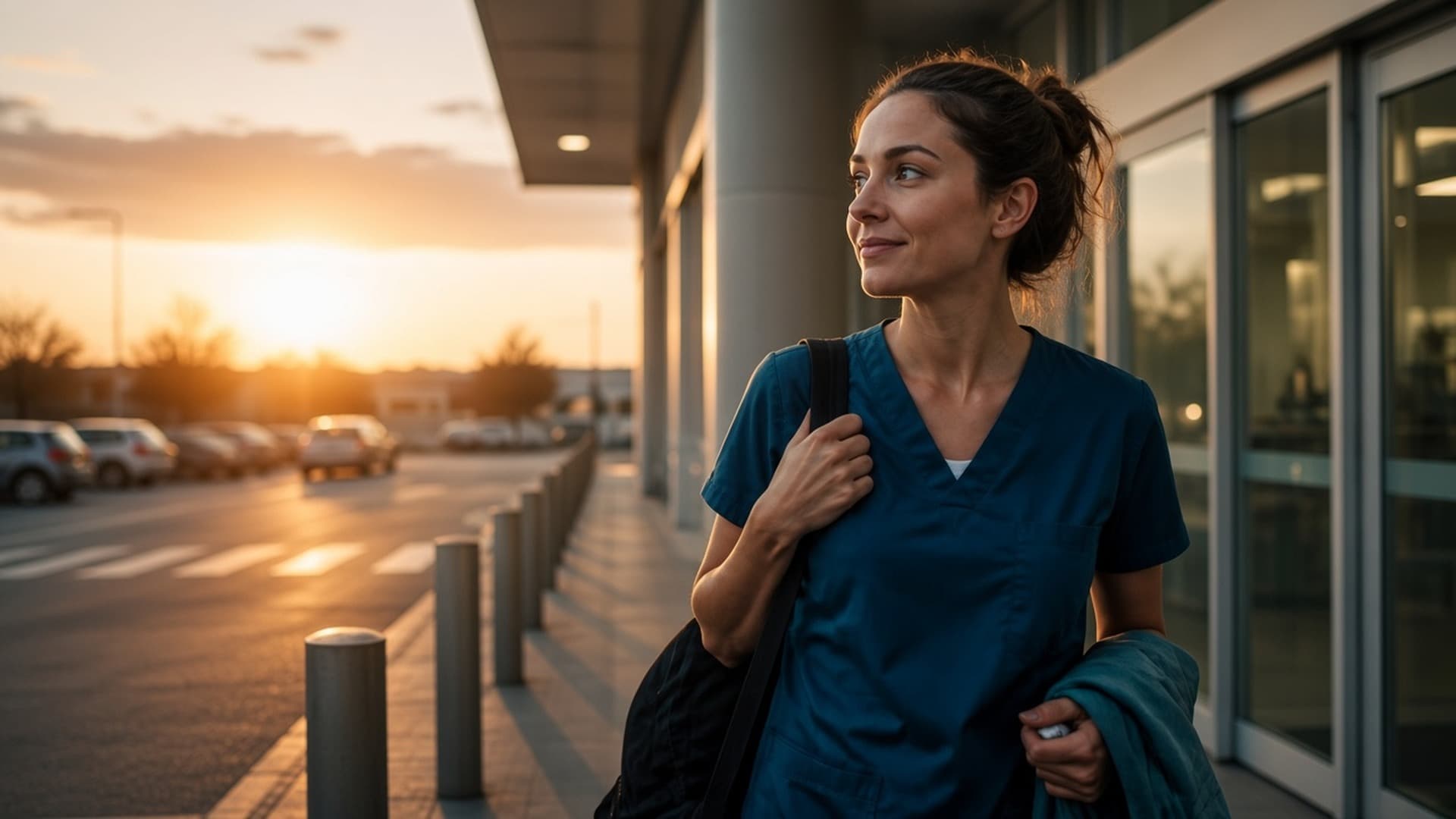 A nurse finishing a shift at the hospital