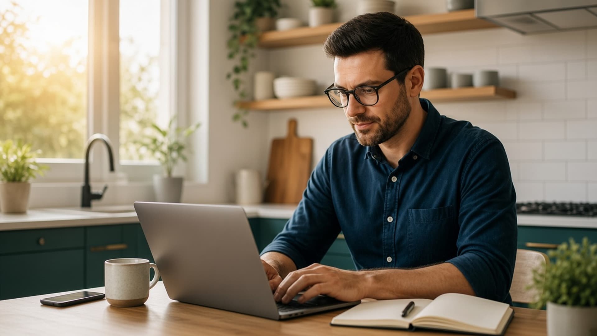 A person building a second income at a kitchen table in the morning
