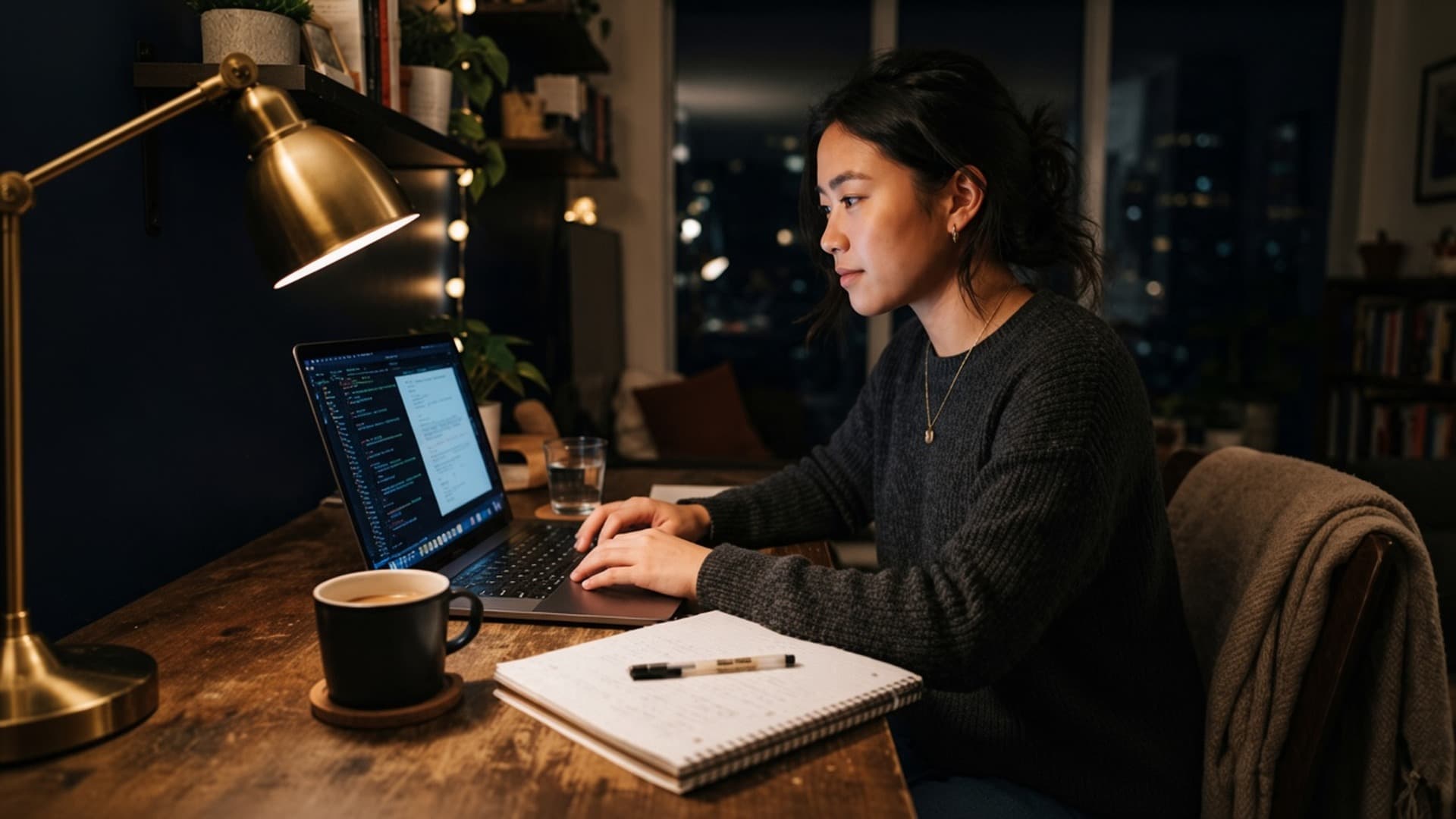 An adult studying in the evening at a kitchen table