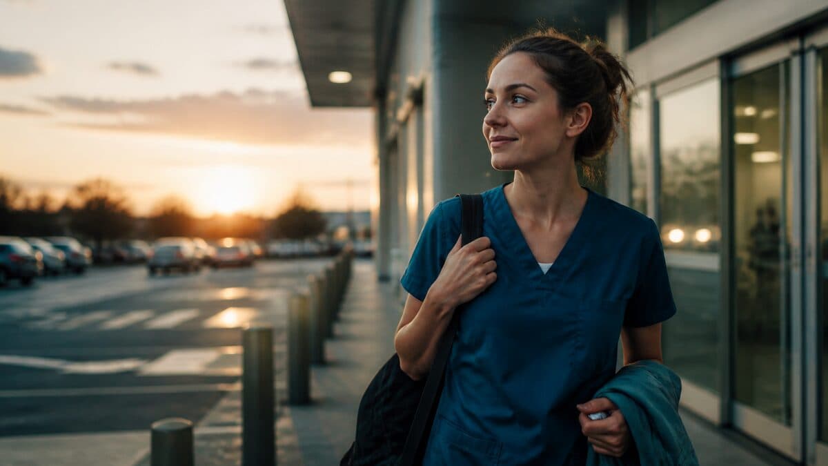 A nurse finishing a shift and heading into the next part of the day