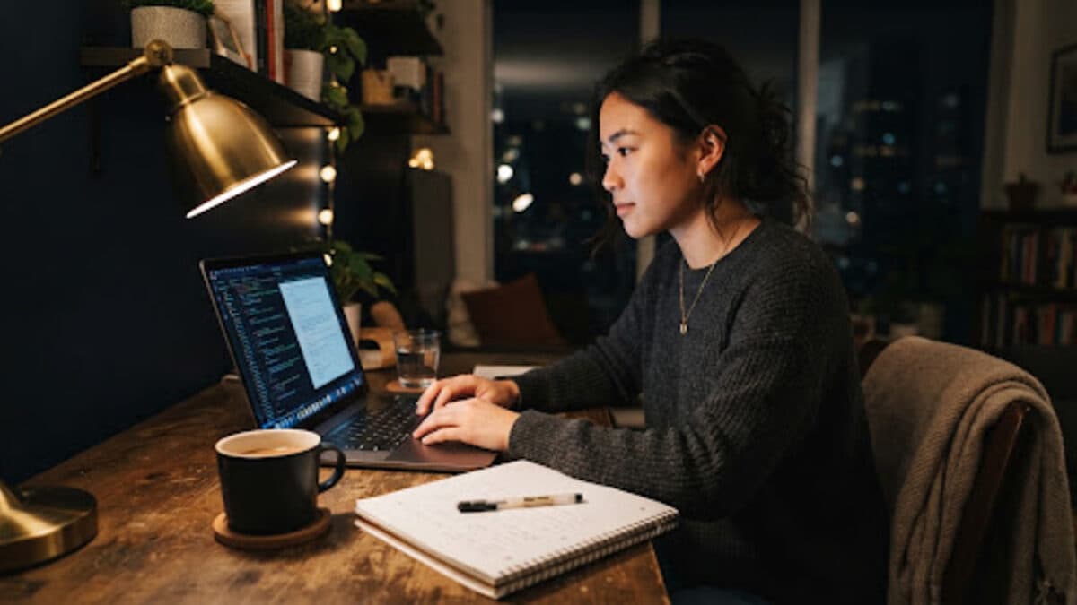An adult balancing work and study in a quiet evening kitchen