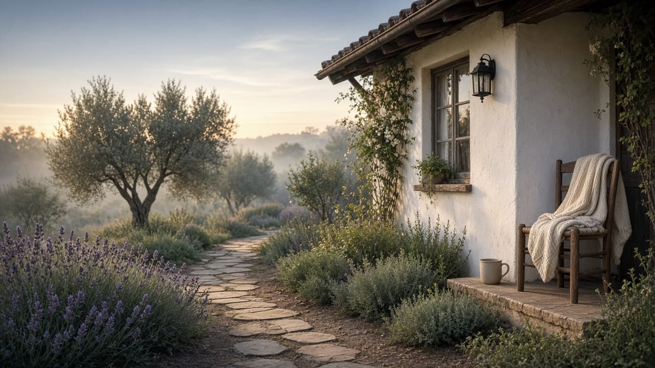 A quiet dawn garden path beside a cottage porch with a mug and chair