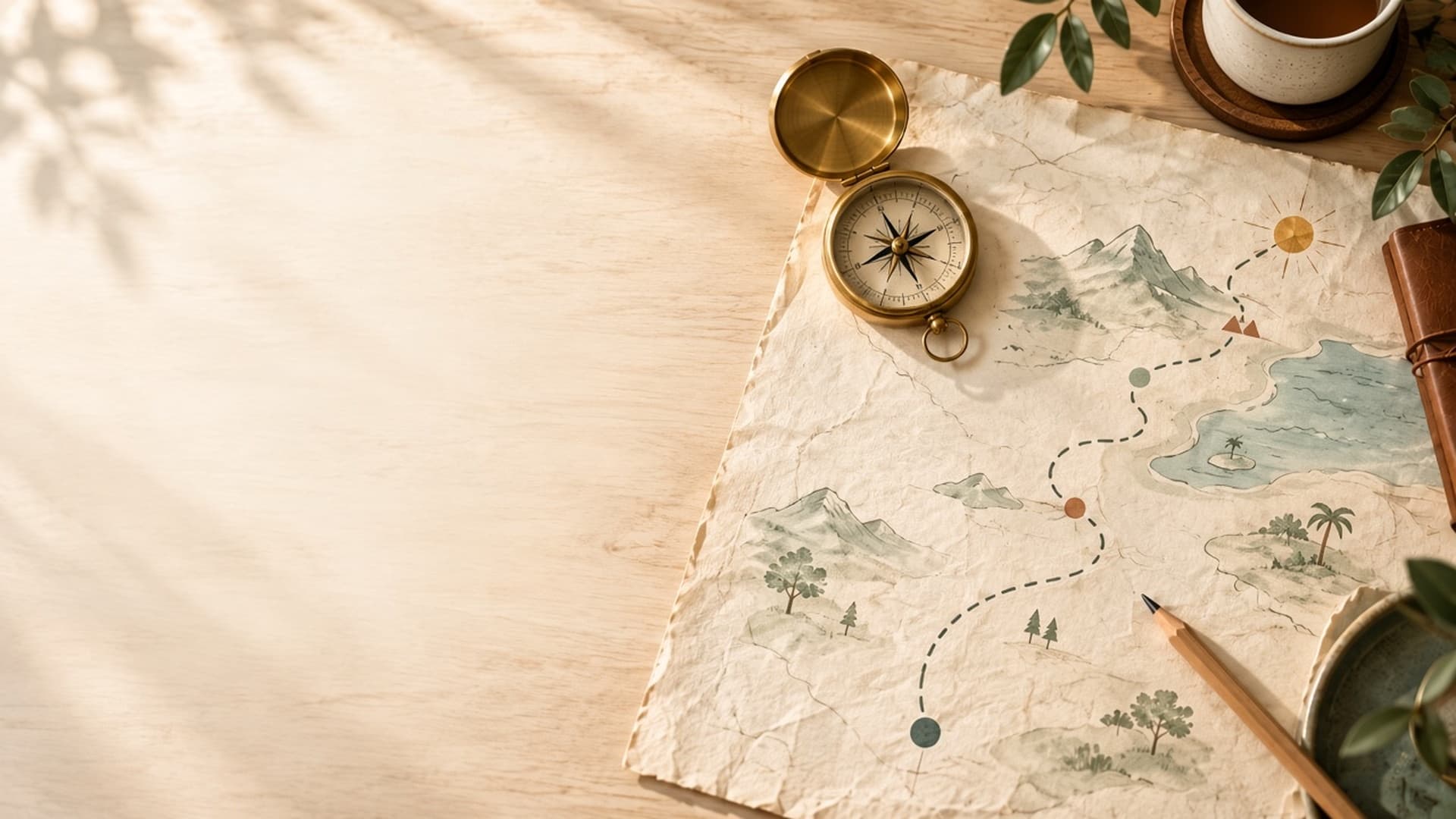 Open brass compass and a hand-drawn map on a sunlit wooden desk