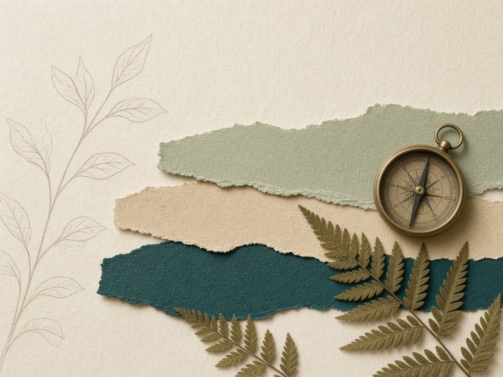 Cream paper, pressed botanicals, and a brass compass arranged as a quiet still life