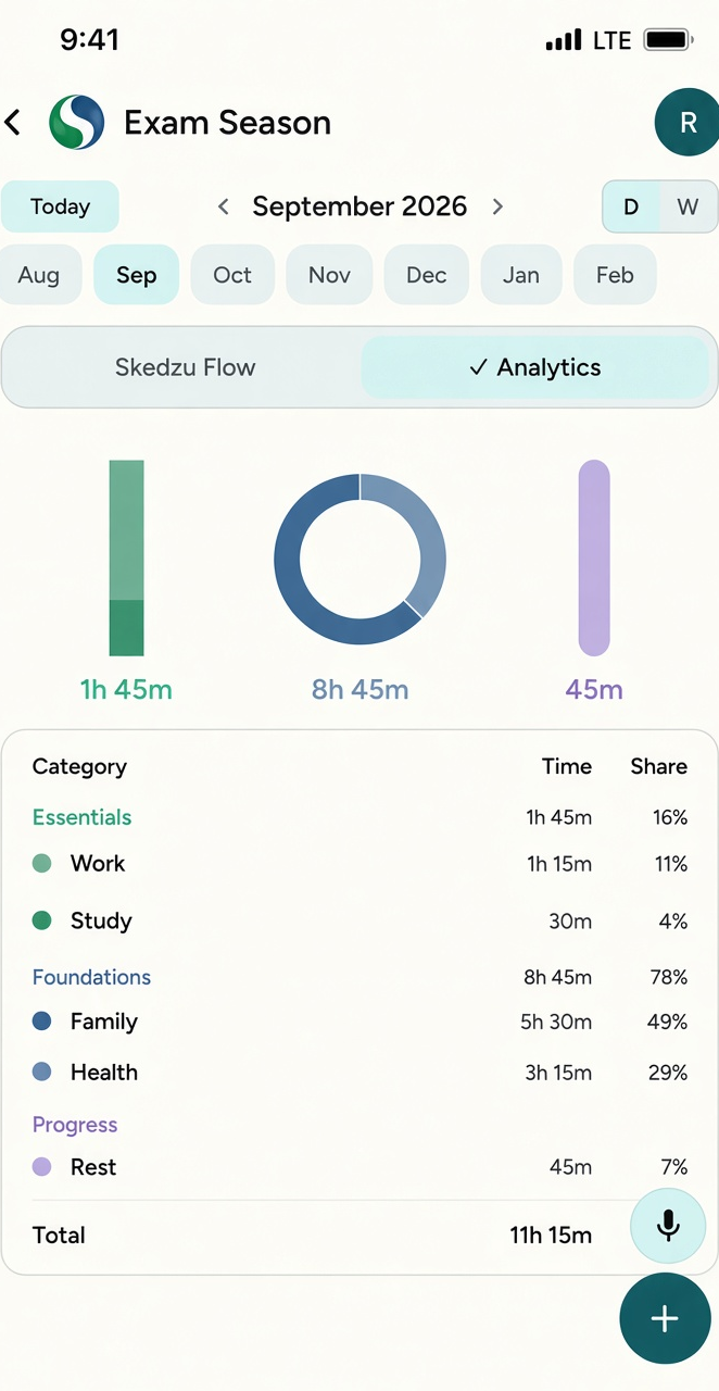 Analytics screen grouping time across family, work, and personal categories