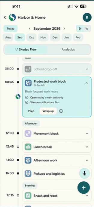 Saved daily timeline with a highlighted protected work block