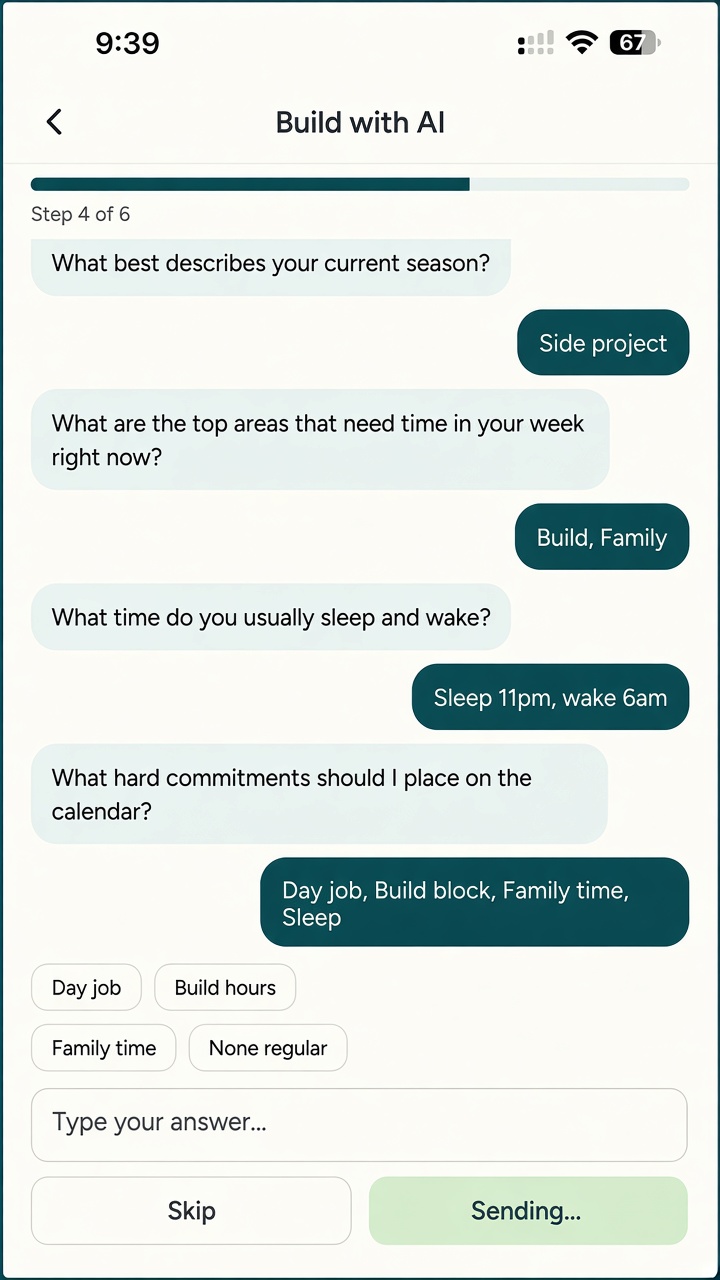 Build with AI screen asking about season, commitments, and sleep