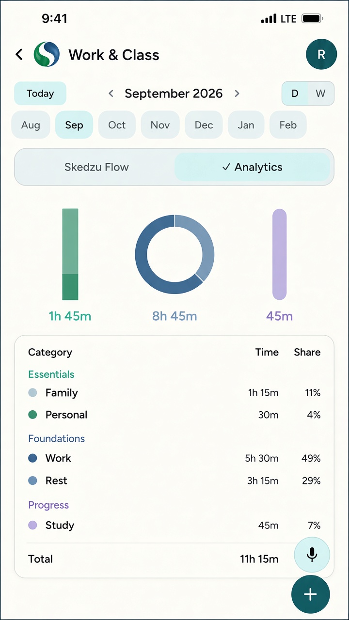 Analytics screen grouping time across family, work, and personal categories