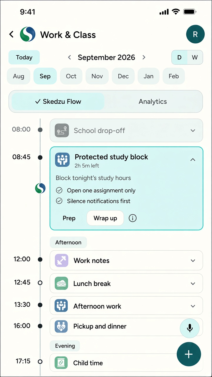 Saved daily timeline with a highlighted protected work block